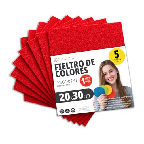 OFITURIA Feltro Colorato per Artigianato, Fai-da-te, Progetti Scolastici, Scrapbooking, Cucito Creativo e Decorazioni 20x30cm (Rosso Vivo, 5 pz)