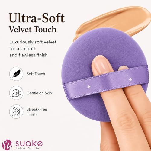 Image of SUAKE Makeup Powder Puff Set, 7PCS Soft Velvet Face Powder Puffs for Foundation, Loose Powder, Compact & BB Cream, Reusable Washable Cosmetic Applicators with Finger Strap