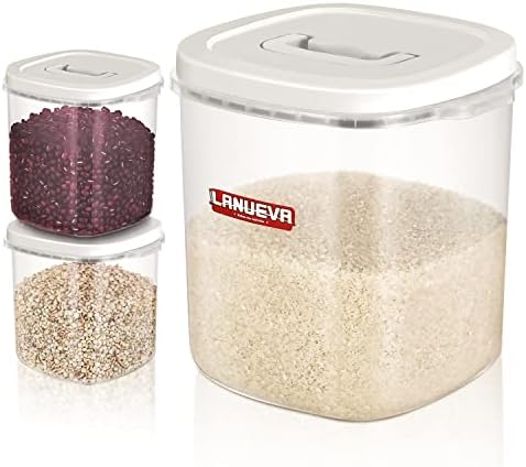 LANUEVA Airtight Rice Food Storage Container 3 Pack, 22lb Rice Container with Airtight Food Storage Jars, Measuring Cup - Food Storage Bin for Cereal, Flour, Dog Food, Pasta, Beans (Crystal-Clear)