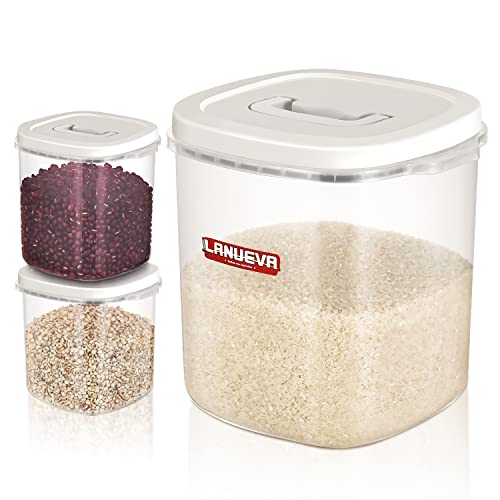 Lanueva Airtight Rice Food Storage Container 3 Pack, 22Lb Rice Container With Airtight Food Storage Jars, Measuring Cup - Food Storage Bin For Cereal, Flour, Dog Food, Pasta, Beans (Crystal-Clear) #TOP4