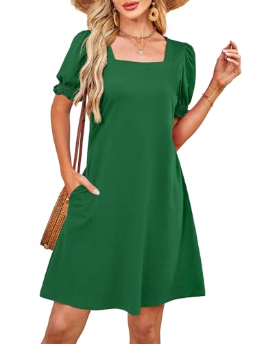 Image of RUMIA Summer Dresses for Women 2025 Casual Cute Square Neck Puff Short Sleeve Dress with Pockets