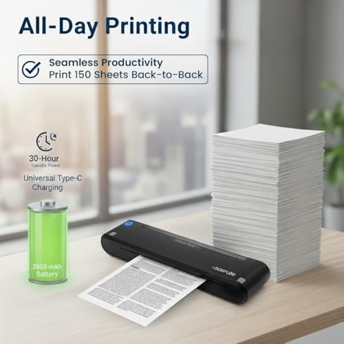 SHREYANS PSF-8200 Portable A4 Thermal Printer | Inkless Mini Wireless Printer with Bluetooth & USB | Rechargeable, Compact & Smudge-Free Printing for Documents, Billing & Travel – Black