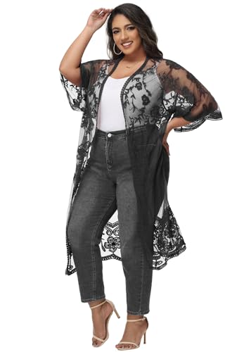 Image of Anna-Kaci Women's Plus Size Lace Cardigan Embroidered Long Kimono Dusters with Half Sleeves