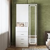 TAMUNE Vanity Desk with Mirror and Lights, Makeup Vanity with Drawers and Hidden Shelves, Full Length LED Mirror, Bedroom Dressing Table with Sliding Top, Grid Drawer, White, 19.7”D x 31.5”W x 63”H