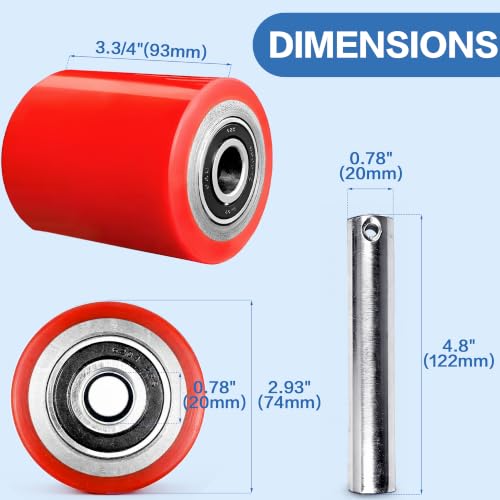 Image of A Pair Pallet Jack Load Wheels Replacement Kit 3 inchx3.75 inch(74.5mm x 93mm) Red | Including Heavy Duty PU Tread Wheels,Pre-Installed Bearings ID 20mm,Axles& Pins, Also for Manual Hand Lift Truck Rear