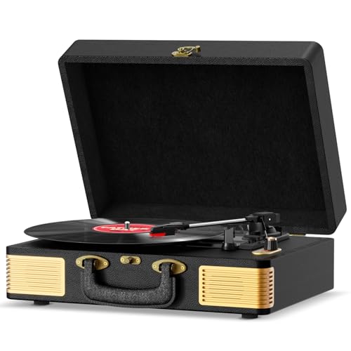 Tocadiscos de Vinilo, FYDEE Tocadiscos Bluetooth Vintage de Cuero con 3 Velocidades (33/45/78 RPM), 2 Altavoces Integrados, Reproductor de Vinilo con Entrada para Auriculares, RCA, Negro Profundo