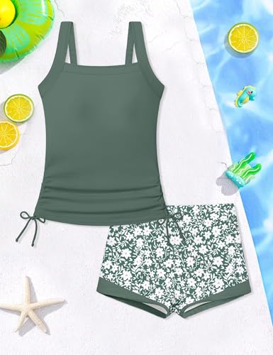Image of Girls Swimsuit Two Piece Bathing Suit Ruffle Trim Swimsuits for Girls Tankini with Drawstring Shorts Swimwear 9-18Y