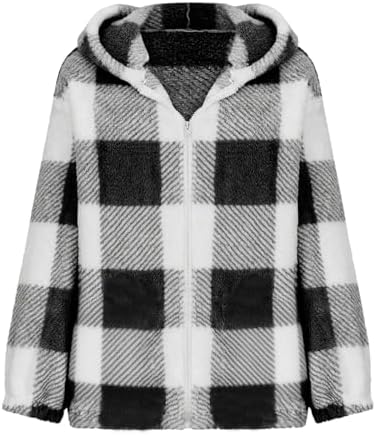 Fleece Jacket Women Hooded Flannel Shacket Long Sleeve Fuzzy Zip Up Fall Winter Warm Plaid Coats