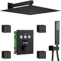 WHSHOWER Matte Black Shower System 12 Inch Shower Faucet Sets Complete Wall Mounted Full Body Shower System with Body Jets Digital Temperature Shower Fixtures for Bathroom