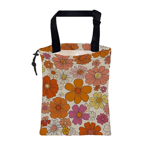 Car Trash Bag Hippie Vintage Flowers Leak-Proof Car Garbage Bag with Drawstring Foldable Canvas Trash Bin with Adjustable Buckle for Car Accessories, Travelling, Camping