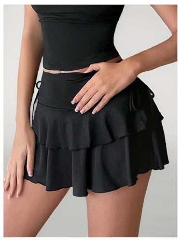 Verdusa Women's Y2k Ruffle Mini Skirt Bow Side Flowy A Line Cute Short Skirts Casual Skorts3