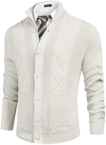 COOFANDY Men's Cardigan Sweater Casual Stand Collar Button Down Knitted Office Cardigan with Pockets White