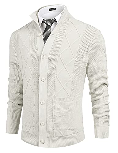 Coofandy Men's Cardigan Sweater Casual Stand Collar Button Down Knitted Office Cardigan With Pockets White #TOP3