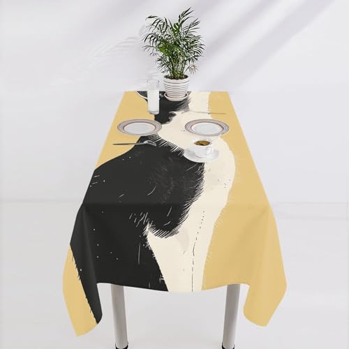 Nappe en lin chat noir et blanc 140x140 cm lavable pour table de cuisine
