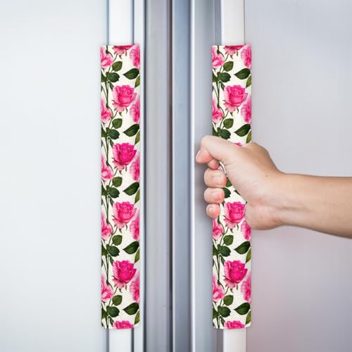 Image of Pardick Refrigerator Door Handle Covers Set of 2 Cotton Pink Rose Washable Fridge Dishwasher Mocrowave Oven Stove Decor Protector Handle Cover Keep Kitchen Appliance Clean from Food Stains Decorate