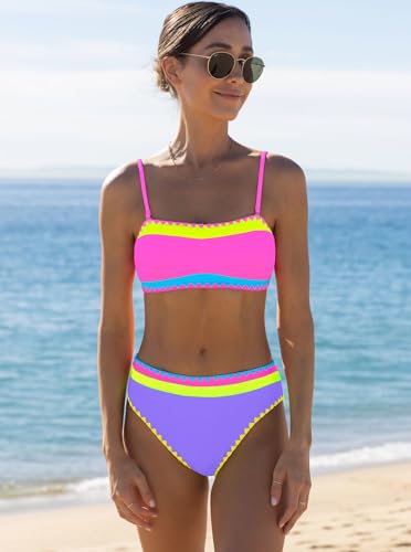Image of popvil Bikini Sets for Women Bandeau Swimsuits Strapless Two Piece Bathing Suits Neon Swimwear for Beach Vacation 2026