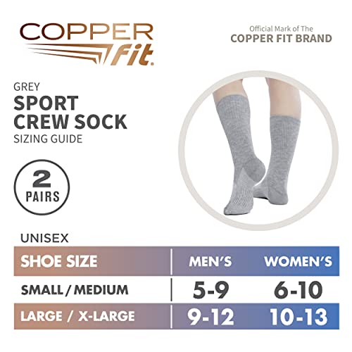 Copper Fit Unisex Adult Crew Sport - 2 Pack Running Socks, Gray, Small-Medium Us #TOP2