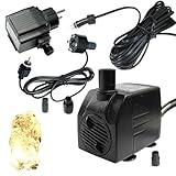 Arnusa Springbrunnenpumpe mit 1x LED Quellsteinbeleuchtung warmweiß Spot Teichpumpe Wasserpumpe Bachlaufpumpe 12V IP44 Steckernetzteil (800 l/h)