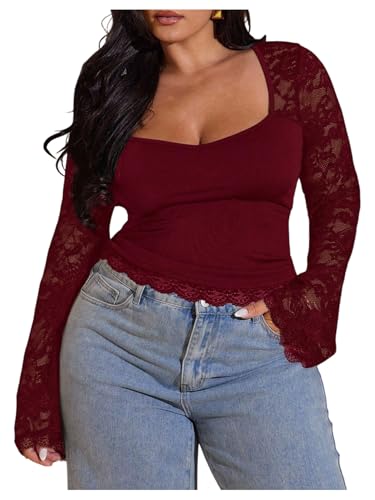 SOLY HUX Plus Size Lace T Shirt Tie Backless Mesh Long Sleeve Going Out Top
