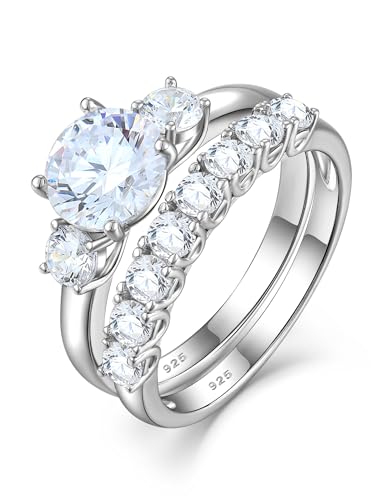 Sterling Silver Engagement Rings Set for Women, Dainty Round Cut Stone Wedding Rings for Bridal Cubic Zirconia Promise Rings Gift