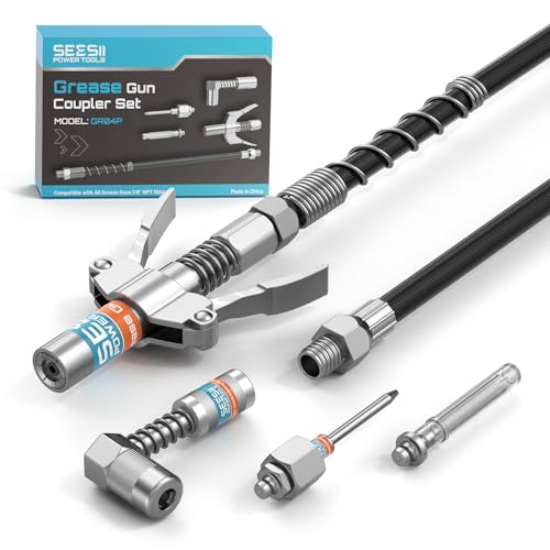 Seesii Kit d'accessoires pour Pompe a Graisse, Comprenant Un raccord Rapide, Un Adaptateur à 90°, Un Tuyau Flexible de 30 cm et 2 Embouts pour graissage...
