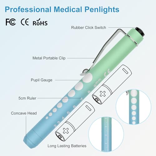 3 Pack Pen Lights for Nurses with 6 Batteries - Reusable Pen Light with Pupil Gauge and Ruler, Nurse Accessories for Work, Medical Penlights for Nursing Student Doctors EMT CNA (Pink+Yellow+Green) - Image 3