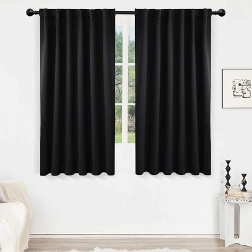 HNU Black Color Thermal Insulated 2 Panel Window Curtains Blackout 54 in. L X 52 in. W Size, Solid Pattern, Machine Washable | All Season Pretty Coal Shade