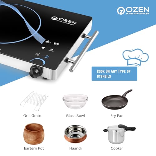 Image of OZEN 2200W Infrared Induction Stoves with Grill Rack for Barbecue, 3 Preset Cooking Modes, Crystal Glass Plate, Digital Display, Touch Control, SS Handle, Infrared Cooktop Chulha Hot Plate (Blue)