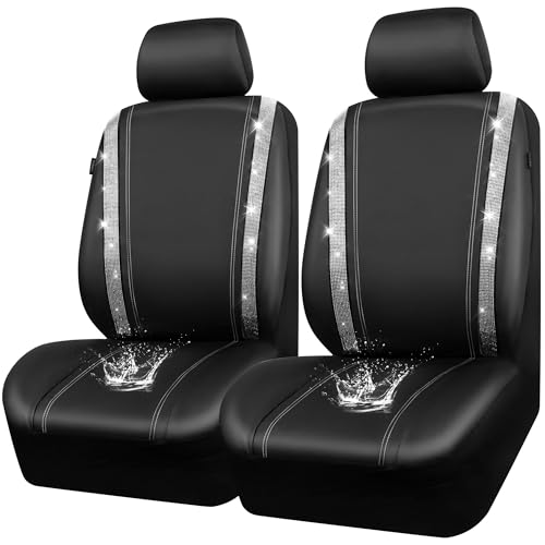 Image of CAR PASS Leather Bling Diamond Car Seat Cover 2 Front Interior Sets, Waterproof Universal Shining Glitter Crystal Sparkle Fit for 95% Automotive Truck SUV Cute Women Girl, Black Silver Rhinestone