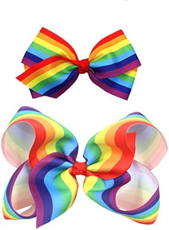 Rainbow Hair Bow with Clip Grosgrain Ribbons HairClips for Girls JB35 (2 Pcs-Set B)