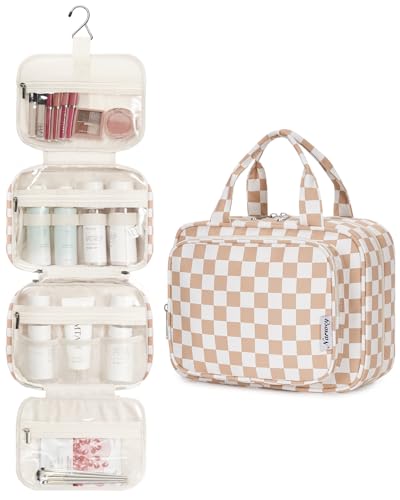 Image of Narwey Large Hanging Toiletry Bag Travel Makeup Bag Cosmetic Organizer for Women and Girls, Z-Light Checkerboard, Medium