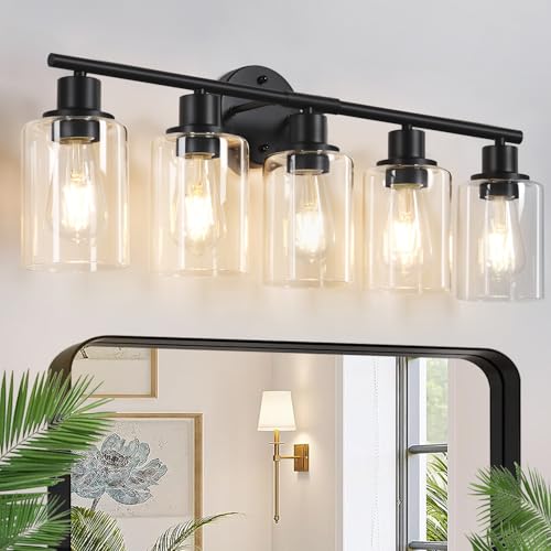 Zarbitta 5-Light Bathroom Light Fixtures, Black Modern Vanity Lights with Clear Glass Shade...