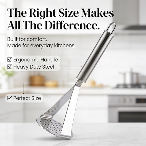 Image of Stainless Steel Potato Masher | Heavy Duty SS 202 Vegetable Masher | Rust-Proof, Food-Grade, Ergonomic Handle | Smooth Mashing Tool for Potatoes & Vegetables | Dishwasher Safe