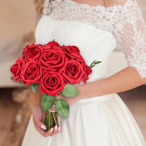 Miniatura 7 de Mocoosy 50pcs Rojo Rosas Flores Artificiales, Rosas Rojo Flores Espuma Falso Rosa Con Tallo Artesanía Diy Para Bodas Novia Ramos Centros De Mesa, San Valentín Día, Madre Día Fiesta Hogar Decoración