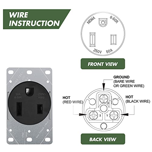 Nema 6-50R Receptacle Outlet 50 Amp Flush Mounting, 2 Pole, 3 Wire 125/250V, Heavy Duty Commercial Industrial Grade Ul Listed, Bekca Black (50A,6-50R) #TOP4