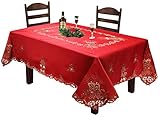 Creative Linens Holiday Christmas Embroidered Poinsettia Candle Bell Tablecloth 70x104 Rectangular with 12 Napkins RED Gold