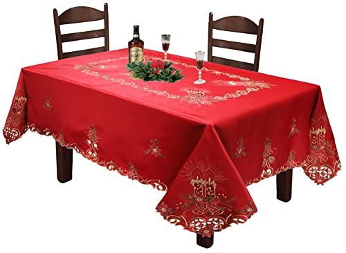 Creative Linens Holiday Christmas Embroidered Poinsettia Candle Bell Tablecloth 70x104 Rectangular with 12 Napkins RED Gold