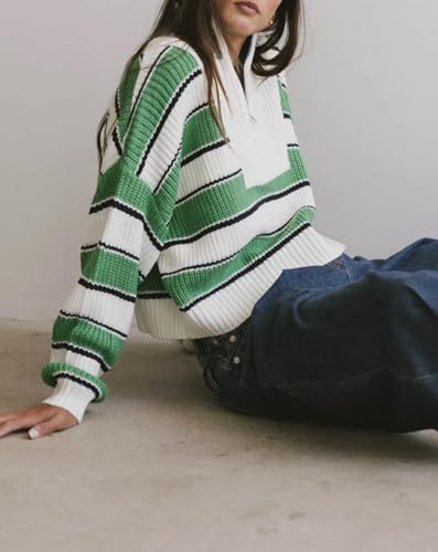 Image of EZAPINE Striped Sweater for Women Cropped Half Zip Stand Collar Casual Long Sleeve Color Block Pullover Tops Green