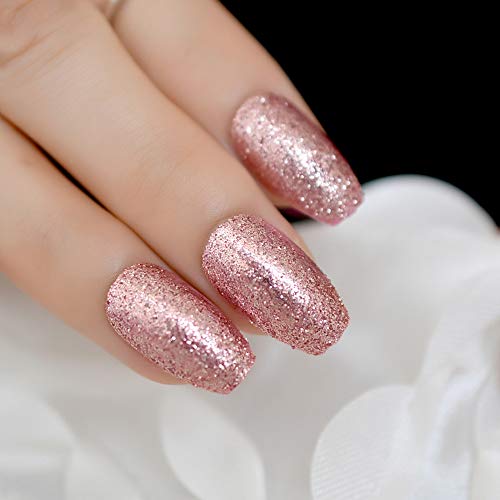 Coolnail Shiny Rose Gold Fake False Nails Coffin Ballerina Nail Tips Shining Sugar Glitter Deco Summer Salon Press On Nail Art Tip #TOP4