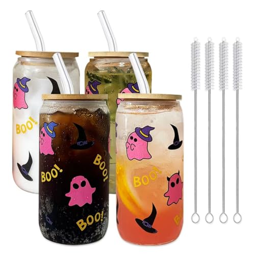 anabox Color Changing glass cups - Glasses Cup with Bamboo Lids and Straws, 16oz Glass Tumbler for Ice Coffee Milk Tea Juice, Cold/hot Drinks, Cute Ghost Printed Drinking Cup with Straw Brush (4 pack)