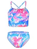 TENVDA Girls Swimsuit Pink Blue Butterfly Two Piece Bathing Suits Swimwear Tankini Sets for 8-9 Years Old Big Kids Summer Holiday Beach Party
