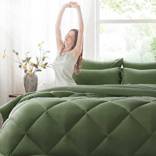 Anluoer King Comforter Set,Olive Green Bed in a Bag 7 Piece,Lightweight Bedding Set with Soft Down Alternative Fill,Bed Set Includes Comforter, Fitted Sheet, Flat Sheet,Pillowcases and Shams