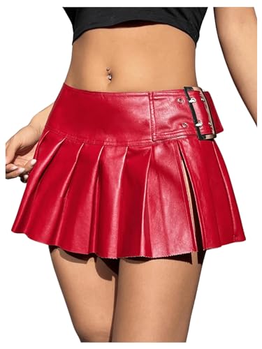 Floerns Women's Metallic Mini Skirt Low Rise Buckle Detail Zipper Slit Short Pleated Skirt3