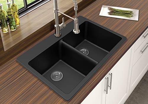 Winpro New Black Granite Quartz 33" X 22" X 9-1/2" Equal Double Bowl Dual Mount Sink #TOP2