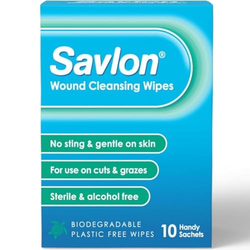 Savlon Wound Cleansing Wipes, Alcohol Free, Cleaning Wipes for Wounds, Pack of 10 Wipes, Gentle, for Cuts and Grazes, Sterile, Alcohol Free, Biodegradable Plastic Free Wipes