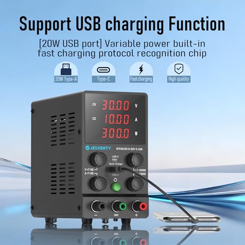 Image of DC Power Supply Variable, 0-32V 0-10A Adjustable Switching DC Regulated Bench Power Supply with 20W USB & Type-C Quick-Charge, Encoder Knob, Reverse Polarity Protection - SPS-3010S