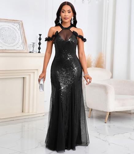 Image of Cololura Women Sexy Sequin Halter Neck Short Sleeve Mesh Perspective Party Bodycon Evening Cocktail Maxi Dress