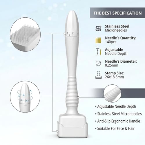 Image of Sifoz Derma Stamp Microneedling Tool with Sanitizer for Hair Growth & Skin Repair | Adjustable Titanium Coated Needles 0.25mm - 3mm | 140 Pins Micro Needle Stamp for Face, Scalp & Beard Growth | Acne Scar Reduction | Safe, Reusable & Easy to Use