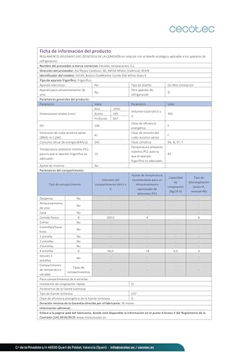 Cecotec Réfrigérateur combiné Bolero CoolMarket Combi 356 White Glass E. 356L, Total No Frost, Multi Airflow, Mode Vacances, Humidity Box, porte réversible, alarme de porte.