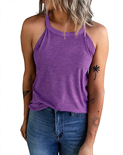 Kinlonsair Women's Summer Sleeveless Halter Tee Shirts Crew Neck Workout Tank Tops Casual Plain Cami Shirts #TOP1